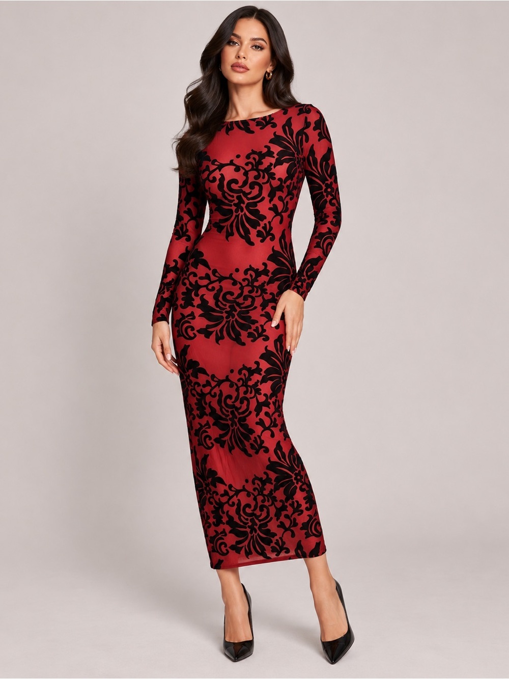 AKIRA Chicago Black Label Red & Black Long Sleeve Flocked Maxi Dress